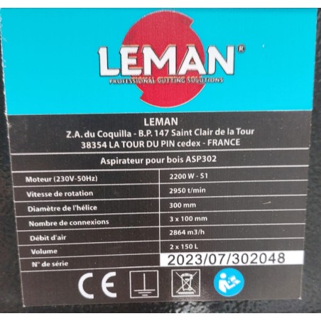 Occasion ASPIRATEUR ENSACHEUR MONOPHASE 2 SACS 2 MANCHES LEMAN ASP302 :GEDIMO